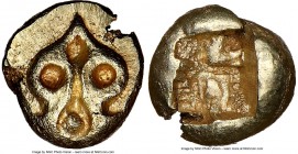IONIA. Uncertain mint. Ca. 625-550 BC. EL 1/24 stater or myshemihecte (6mm, 0.60 gm). NGC AU. Symmetrical geometric pattern / Incuse square punch with...