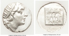 CARIAN ISLANDS. Rhodes. Ca. 88-84 BC. AR drachm (15mm, 2.22 gm, 12h). XF. Plinthophoric standard, Maes, magistrate. Radiate head of Helios right / MAH...