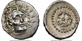CARIAN ISLANDS. Rhodes. Ca. 84-30 BC. AR drachm (20mm, 2h). NGC Choice AU, brushed. Aineas, magistrate. Radiate head of Helios facing, turned slightly...