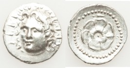 CARIAN ISLANDS. Rhodes. Ca. 84-30 BC. AR drachm (21mm, 3.92 gm, 12h). Choice XF. Radiate head of Helios facing, turned slightly left, hair parted in c...