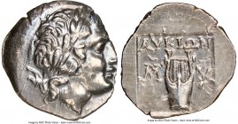 LYCIAN LEAGUE. Myra. Ca. 167-81 BC. AR drachm (17mm, 12h). NGC AU, light scuff. Series 1. Laureate head of Apollo right, hair falling in two ringlets ...
