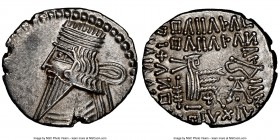 PARTHIAN KINGDOM. Pacorus I (ca. AD 78-120). AR drachm (19mm, 12h). NGC AU. Ecbatana. Bust of Pacorus left with long pointed beard, wearing double ban...