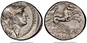 D. Silanus L.f. (ca. 91 BC). AR denarius (18mm, 5h). NGC Choice XF. Rome. Head of Roma right, wearing winged helmet decorated with griffin crest, P be...