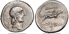 L. Calpurnius Piso Frugi (90 BC). AR denarius (19mm, 8h). NGC Choice VF. Rome. Laureate head of Apollo right; trident upward behind, R before / L•PISO...