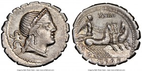 C. Naevius Balbus (79 BC). AR serratus denarius (19mm, 6h). NGC Choice XF. Rome. Head of Venus right, wearing stephane, necklace and earring; S•C behi...