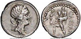 Julius Caesar, as Dictator (49-44 BC). AR denarius (18mm, 3.84 gm, 6h). NGC Choice VF 5/5 - 4/5, edge cut. Military mint traveling with Caesar in Nort...