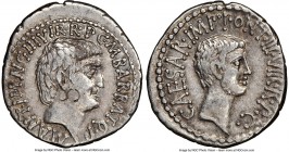 Marc Antony and Octavian, as Imperators and Triumvirs (43-33 BC). AR denarius (19mm, 3.75 gm, 12h). NGC Choice VF 5/5 - 3/5, bankers mark. Ephesus, 41...
