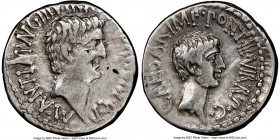 Marc Antony and Octavian, as Imperators and Triumvirs (43-33 BC). AR denarius (19mm, 3.71 gm, 11h). NGC Choice VF 4/5 - 3/5, edge cut, scratches. Ephe...