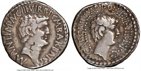 Marc Antony and Octavian, as Imperators and Triumvirs (43-33 BC). AR denarius (20mm, 3.78 gm, 11h). NGC VF 5/5 - 3/5, bankers mark. Ephesus, 41 BC, M....