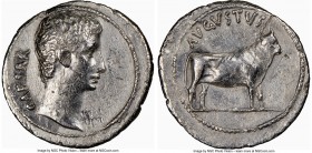 Augustus (27 BC-AD 14). AR denarius (20mm, 1h). NGC XF, brushed. Pergamum, ca. 27 BC. CAESAR, bare head of Augustus right; dotted border / AVGVSTVS, b...