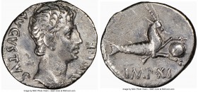 Augustus (27 BC-AD 14). AR denarius (19mm, 1h). NGC VF 5/5 - 3/5. Lugdunum, 12 BC. AVGVSTVS-DIVI F, bare head of Augustus right / Capricorn right, hol...