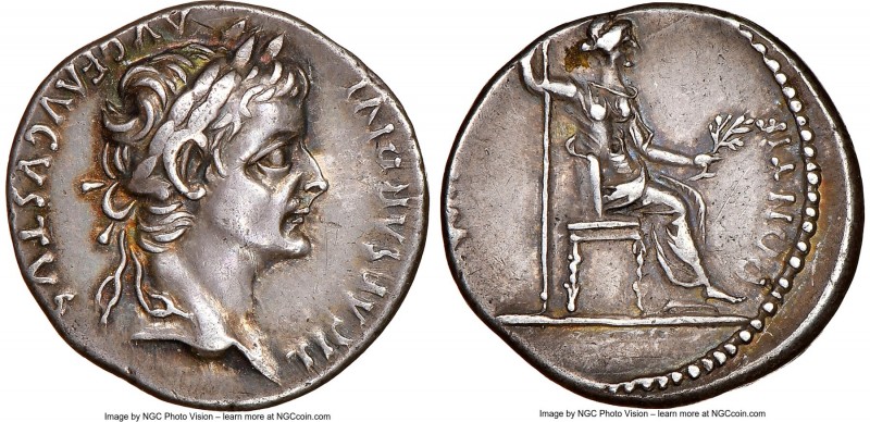 Tiberius (AD 14-37). AR denarius (18mm, 3.72 gm, 5h). NGC Choice XF 4/5 - 4/5. L...