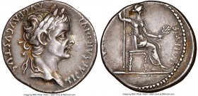 Tiberius (AD 14-37). AR denarius (18mm, 3.72 gm, 5h). NGC Choice XF 4/5 - 4/5. Lugdunum, ca. AD 15-18. TI CAESAR DIVI-AVG F AVGVSTVS, laureate head of...