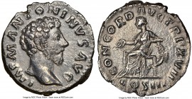 Marcus Aurelius, as Augustus (AD 161-180). AR denarius (17mm, 12h). NGC XF. Rome, AD 162-163. IMP M ANTONINVS AVG, bare headed Marcus Aurelius right /...