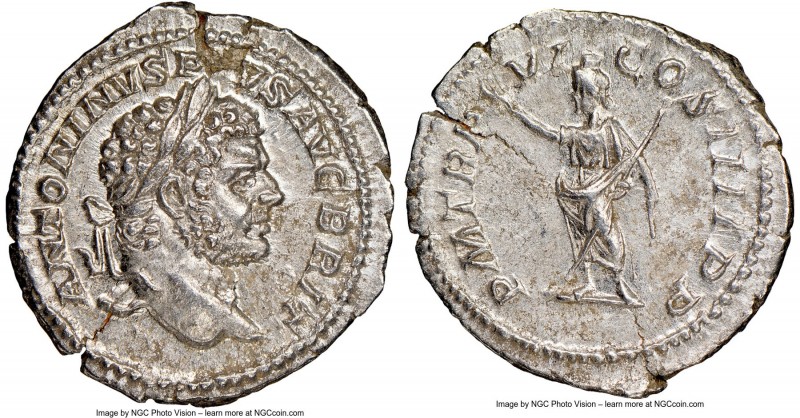 Caracalla (AD 198-217). AR denarius (19mm, 2.96 gm, 7h). NGC MS 5/5 - 4/5. Rome,...