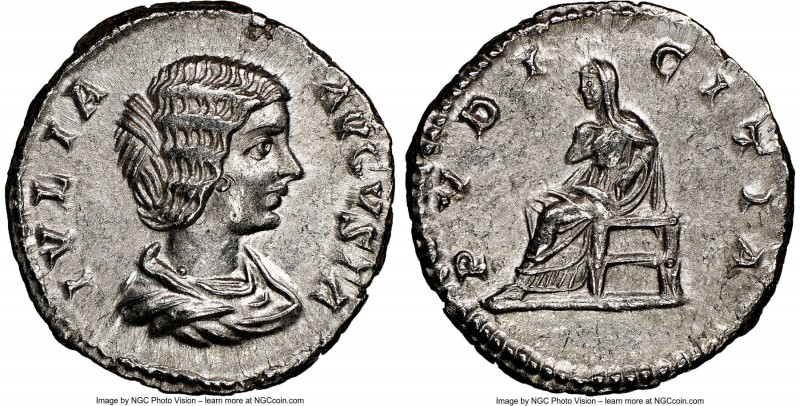 Julia Domna (AD 193-217). AR denarius (18mm, 12h). NGC AU. Laodicea, AD 196-202....