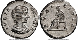 Julia Domna (AD 193-217). AR denarius (18mm, 12h). NGC AU. Laodicea, AD 196-202. IVLIA-AVGVSTA, draped bust of Julia Domna right, seen from front, hai...