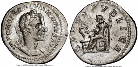 Macrinus (AD 217-218). AR denarius (19mm, 7h). NGC Choice VF, die shift. Rome. IMP C M OPEL SEV MACRINVS AVG, laureate, cuirassed bust of Macrinus rig...