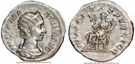 Julia Mamaea (AD 222-235). AR denarius (20mm, 7h). NGC AU, brushed. Rome. IVLIA MA-MAEA AVG, draped bust of Julia Mamaea right, seen from front, weari...