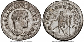 Maximus (AD 235/6-238). AR denarius (19mm, 4.16 gm, 11h). NGC Choice AU 5/5 - 3/5. Rome, AD 236-238. MAXIMVS CAES GERM, bare headed, draped bust of Ma...
