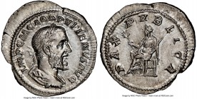 Pupienus (April-July AD 238). AR denarius (21mm, 2.92 gm, 11h). NGC Choice AU 5/5 - 5/5. Rome. IMP C M CLOD PVPIENVS AVG, laureate, draped and cuirass...