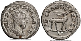 Philip I (AD 244-249). AR antoninianus (22mm, 2h). NGC AU. Rome, 5th officina, Millennium Issue, AD 248. IMP PHILIPPVS AVG, radiate, draped and cuiras...