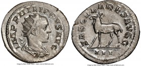 Philip II (AD 247-249). AR antoninianus (23mm, 3.61 gm, 5h). NGC MS 4/5 - 4/5. Rome, 3rd officina, Millennium Issue, AD 248. IMP PHILIPPVS AVG, radiat...
