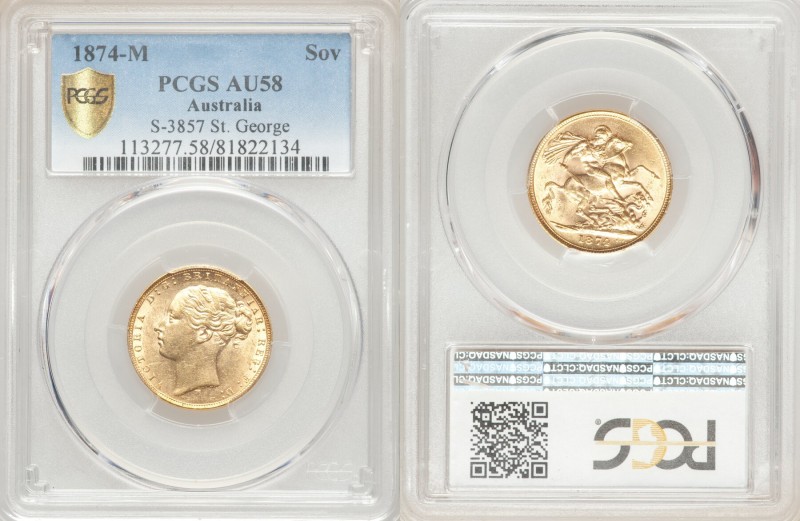 Victoria gold "St. George" Sovereign 1874-M AU58 PCGS, Melbourne mint, KM7, S-38...