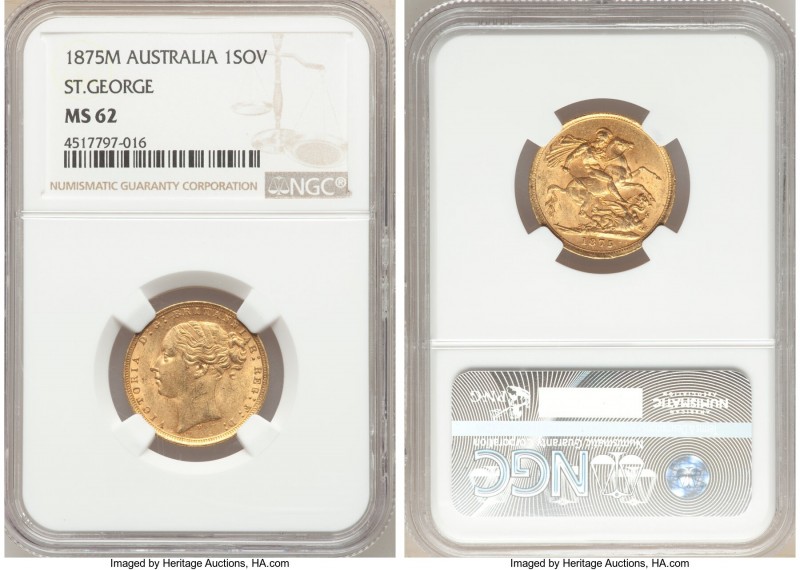 Victoria gold "St. George" Sovereign 1875-M MS62 NGC, Melbourne mint, KM7. AGW 0...