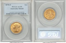 Victoria gold "Shield" Sovereign 1878-S AU55 PCGS, Sydney mint, KM6. AGW 0.2355 oz. 

HID09801242017

© 2020 Heritage Auctions | All Rights Reserv...