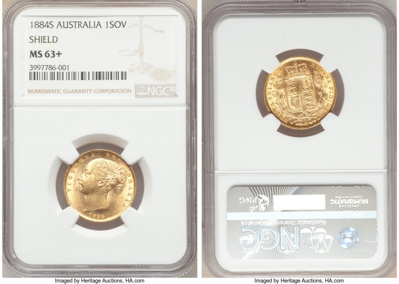 Victoria gold "Shield" Sovereign 1884-S MS63+ NGC, Sydney mint, KM6. AGW 0.2355 ...