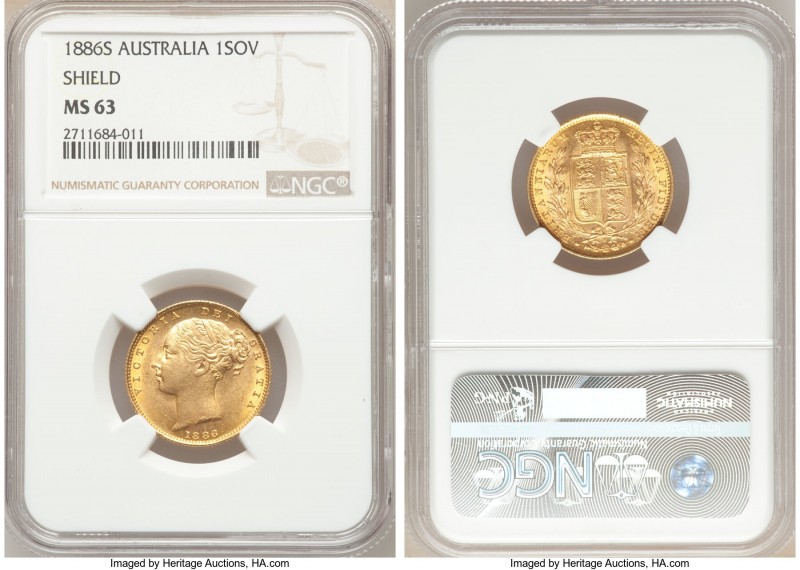 Victoria gold "Shield" Sovereign 1886-S MS63 NGC, Sydney mint, KM6. AGW 0.2355 o...