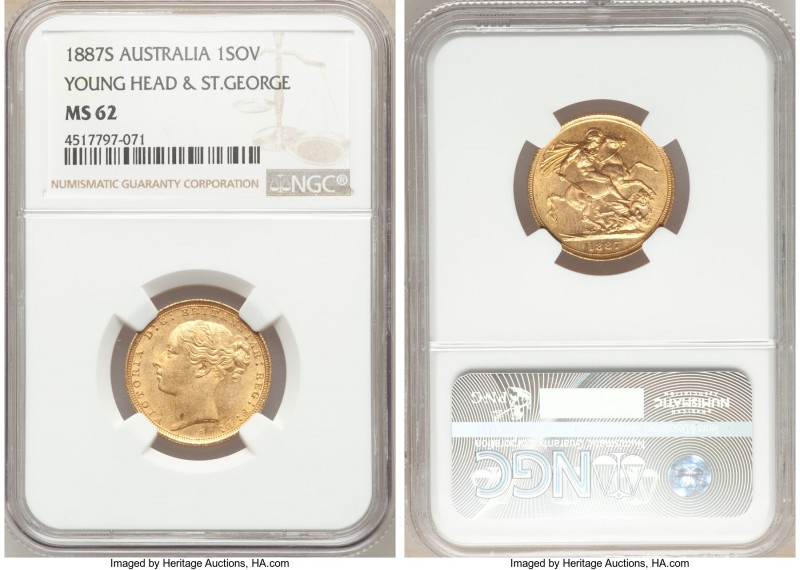 Victoria gold "St. George" Sovereign 1887-S MS62 NGC, Sydney mint, KM7. AGW 0.23...