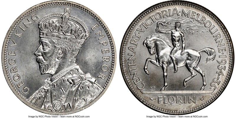 George V "Victoria & Melbourne" Florin 1934-1935 MS64 NGC, KM33. 21,000 pieces o...