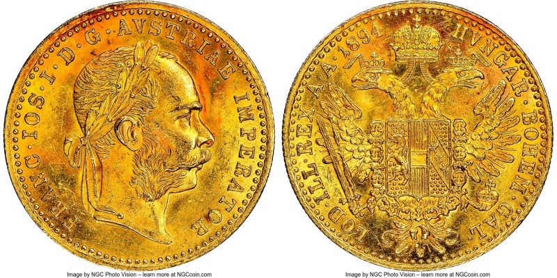 Franz Joseph I gold Ducat 1894 MS63 NGC, KM2267. Lovely florescent lime and red ...