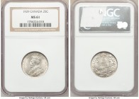 George V 25 Cents 1929 MS61 NGC, Ottawa mint, KM24a. Conservatively graded, few marks in field otherwise crisp and lustrous with light taupe tone. 
...