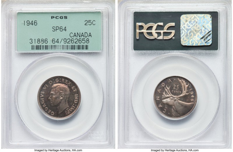 George VI Specimen 25 Cents 1946 SP64 PCGS, Royal Canadian mint, KM35. Toning in...