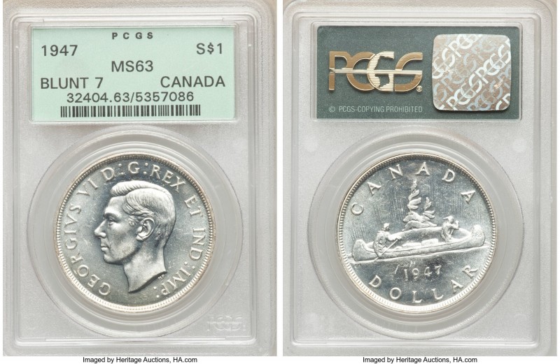 George VI "Blunt 7" Dollar 1947 MS63 PCGS, Royal Canadian mint, KM37. Conservati...