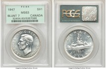 George VI "Blunt 7" Dollar 1947 MS63 PCGS, Royal Canadian mint, KM37. Conservatively graded, exempt from any toning. 

HID09801242017

© 2020 Heri...