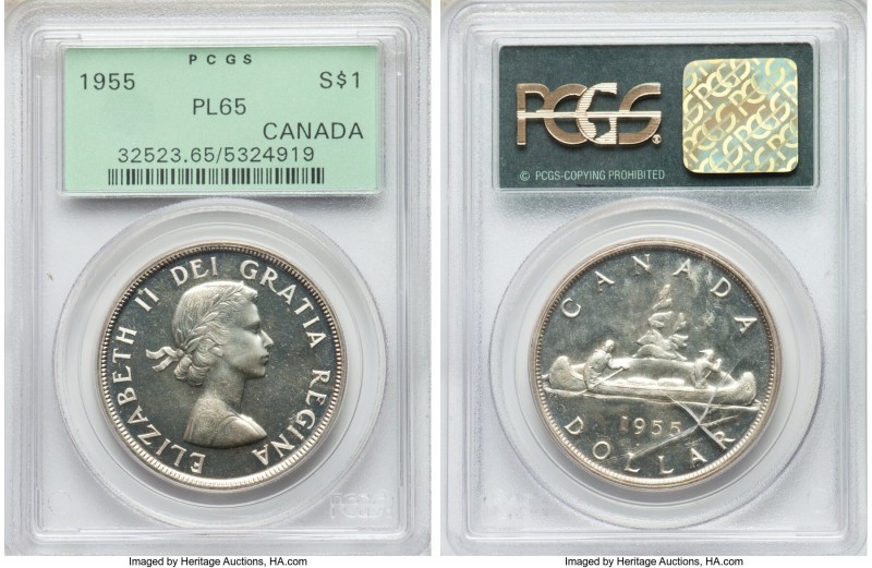 Elizabeth II Prooflike Dollar 1955 PL65 PCGS, Royal Canadian mint, KM54. Holder ...