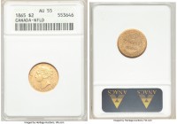 Newfoundland. Victoria gold 2 Dollars 1865 AU55 ANACS, London mint, KM5. First year of type. AGW 0.0981 oz. 

HID09801242017

© 2020 Heritage Auct...