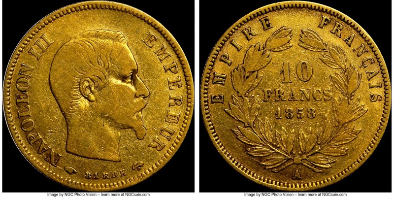 Napoleon III gold 10 Francs 1858-A VF25 NGC, Paris mint, KM784.3. 0.0933 oz. 
...