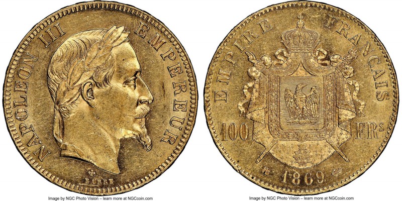 Napoleon III gold 100 Francs 1869-BB MS60 NGC, Strasbourg mint, KM802.2, Fr-551,...