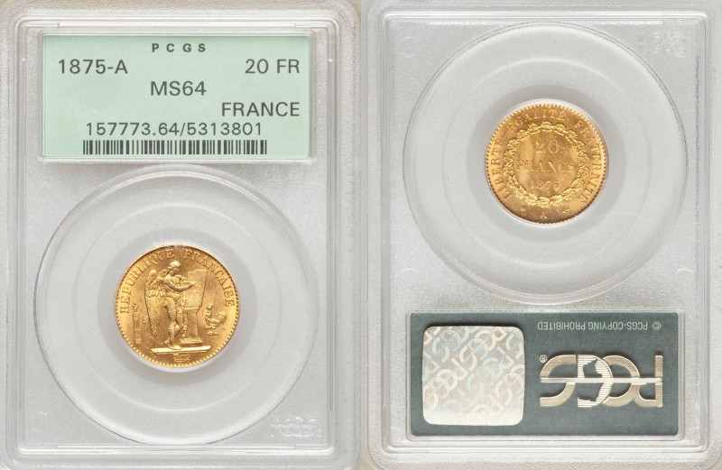 Republic gold 20 Francs 1875-A MS64 PCGS, Paris mint, KM825. Orange-peel color w...