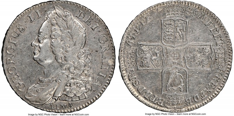 George II 1/2 Crown 1745-LIMA XF45 NGC, KM584.3, S-3695. Struck from Spanish sil...