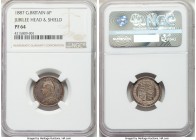 Victoria Proof 6 Pence 1887 PR64 NGC, KM759, S-3928. Jubilee head and shield. Dove-gray fields with highlights in blue, red and gold. 

HID098012420...