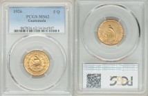 Republic gold 5 Quetzales 1926-(P) MS62 PCGS, Philadelphia mint, KM244, Fr-50. One year type. AGW 0.2419 oz. 

HID09801242017

© 2020 Heritage Auc...