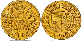 Matthias Corvinus (1458-1490) gold Goldgulden ND (1463-1464) UNC Details (Bent) NGC, Nagybanya mint, Fr-20, Lengyel-36/18. 3.61gm. 

HID09801242017...