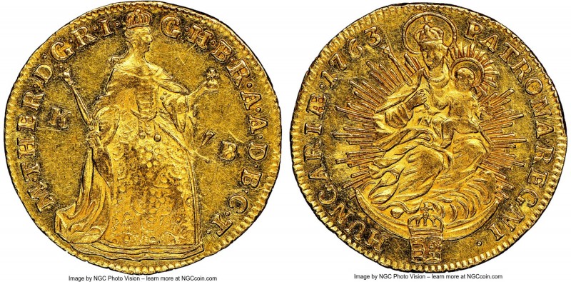 Maria Theresa gold Ducat 1763-KB MS60 NGC, Kremnitz mint, KM329.2, Fr-180. 

H...