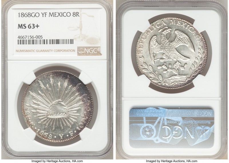 Republic 8 Reales 1868 Go-YF MS63+ NGC, Guanajuato mint, KM377.8, DP-Go50. Excep...